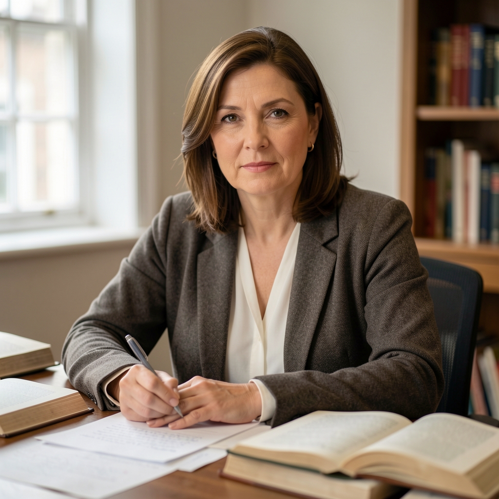 Portrait of a woman in her forties sitting at a writing desk in a well-lit London studio, surrounded by open books and handwritten notes, looking directly at the camera with a composed expression