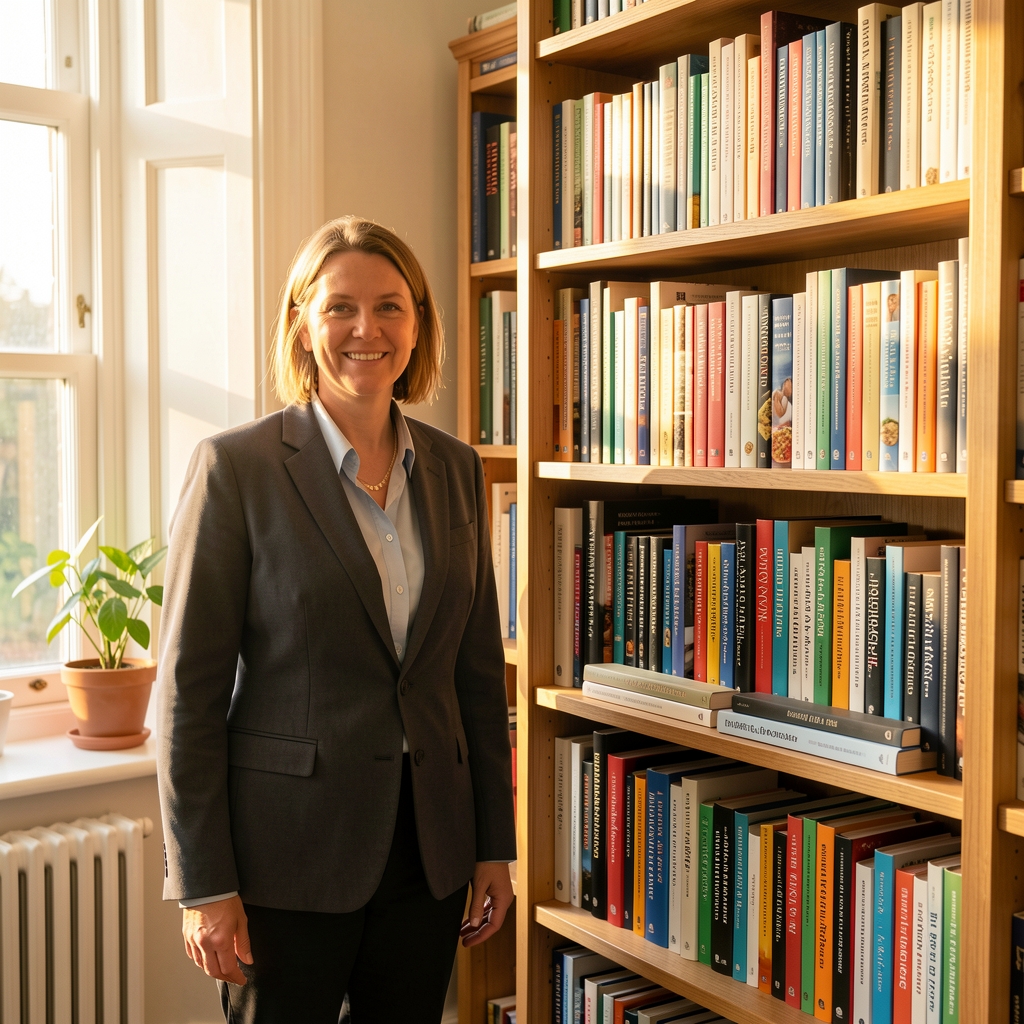 Helena Marsh, behavioural nutrition specialist, standing beside a floor-to-ceiling bookshelf filled with nutrition science and food psychology texts in a sunlit London study, warm afternoon light
