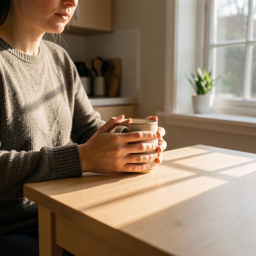 A person seated at a sparse kitchen table in the early morning, hands wrapped around a ceramic mug, warm natural light from a window casting long shadows — a quiet moment before the appetite question arises