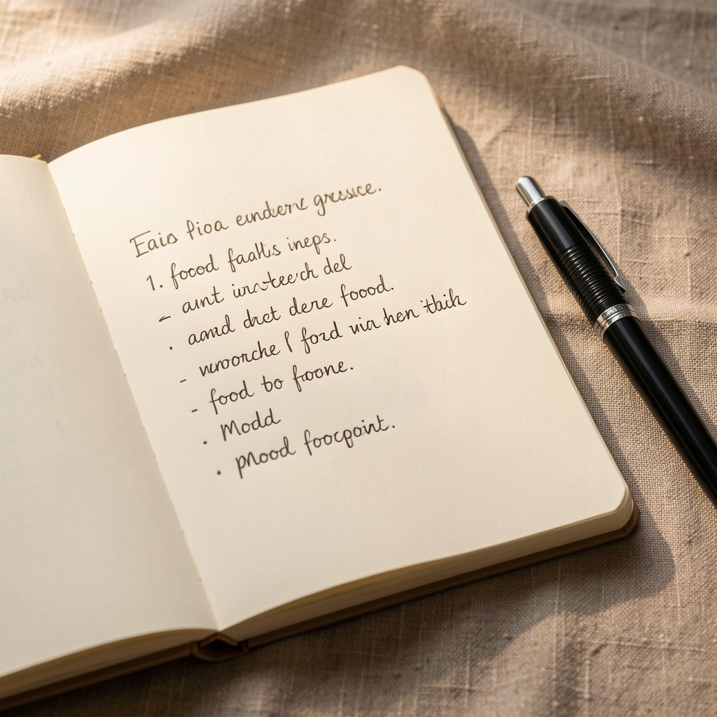 Close-up of a notebook page with handwritten food and mood entries beside a pen, on a warm linen surface, natural window light — documenting eating under pressure