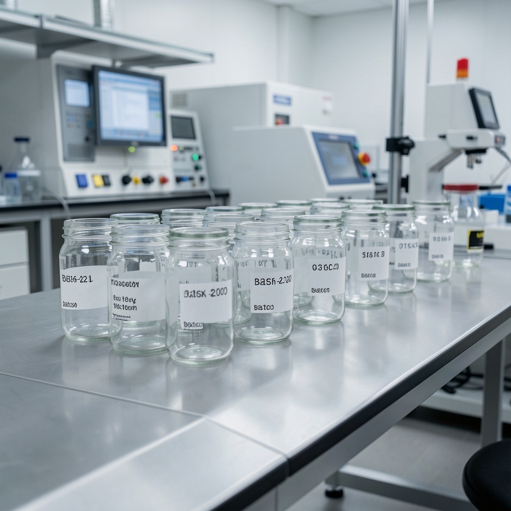 A quality-control bench with batch-coded glass containers arranged in a row, in a clean workspace with controlled lighting — composition verification in progress