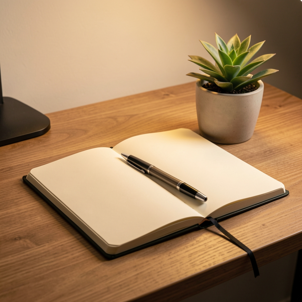A quiet writing desk with a journal open to blank pages, a single pen resting across it, beside a small potted plant, warm studio lighting — individual reflection and self-tracking session setting