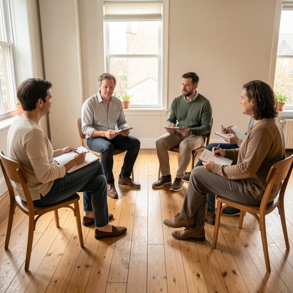 A small group of adults seated in a circle on chairs in a naturally lit room with bare wooden floors, notebooks in hand, engaged in a mindful eating awareness discussion