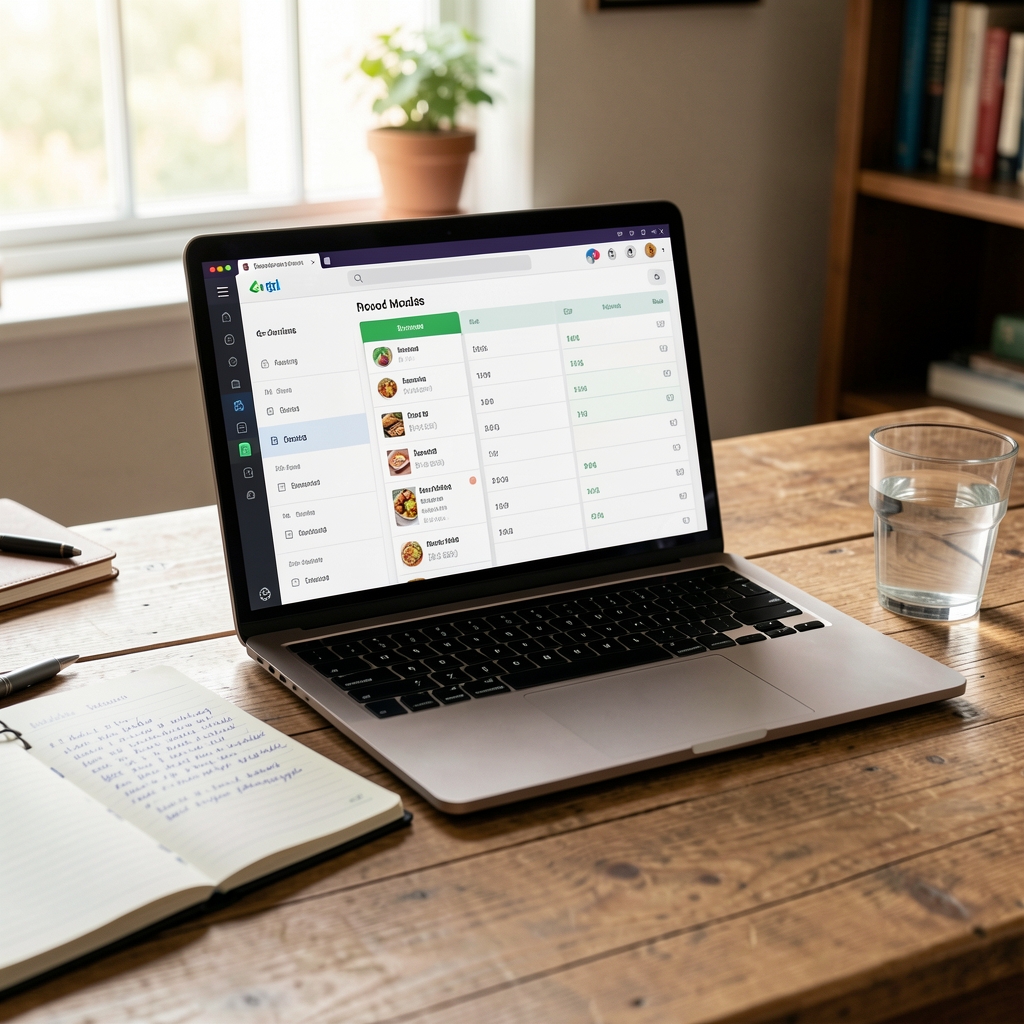 An open laptop on a wooden desk with a digital food and mood tracker visible on screen, alongside a handwritten planner and a glass of water, home workspace setting