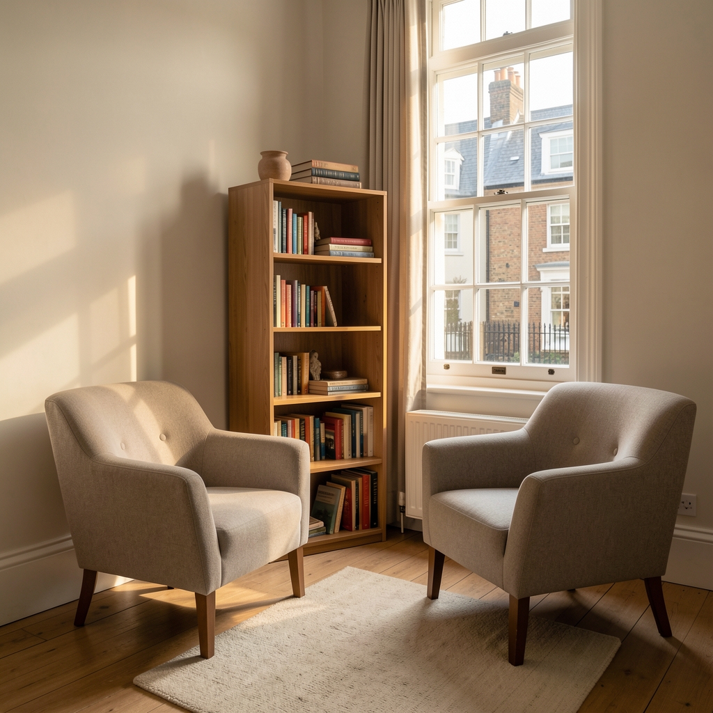 A quiet one-to-one consultation room with two upholstered chairs facing each other beside a low bookshelf, afternoon sunlight through a tall window, London townhouse setting — individual session environment
