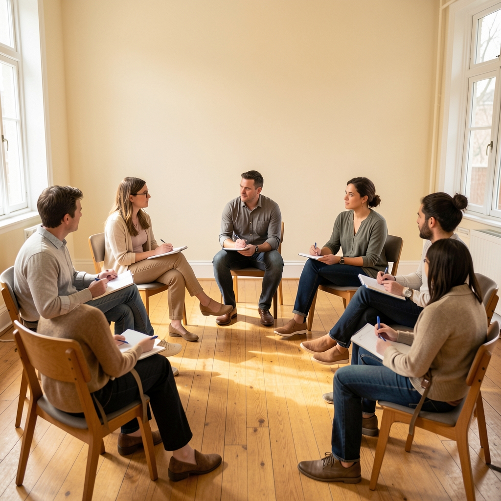 Eight adults seated in a loose circle in a light-filled studio room, each with a notebook and pen, engaged in attentive group discussion, warm cream walls and wooden floor — group inquiry workshop setting
