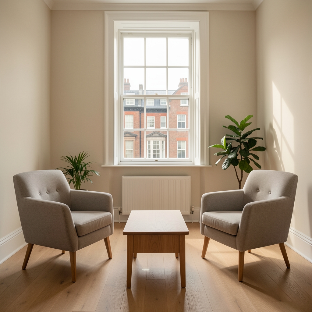 Interior of a calm consultation room in central London with two chairs facing each other, a low wooden table, and a large sash window letting in soft morning light — specialist session setting