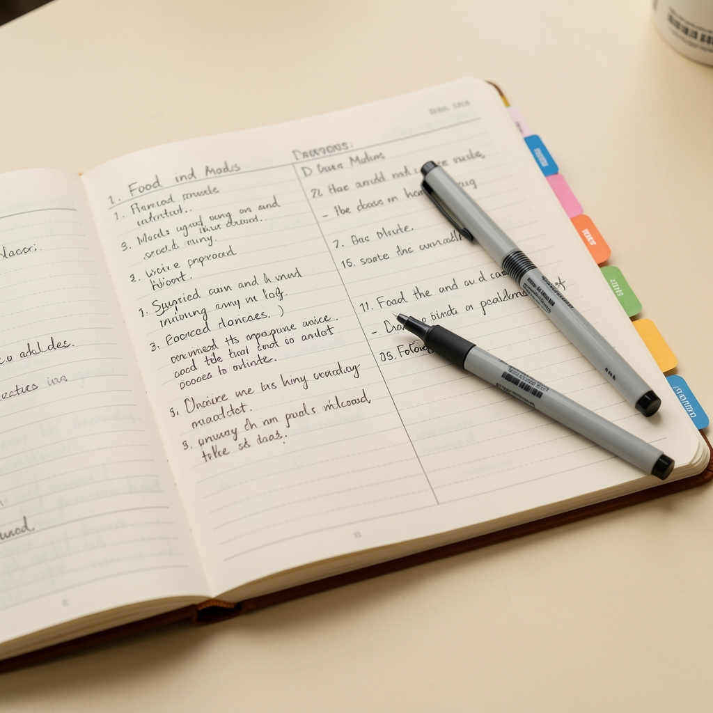 Close-up of an open food and mood journal with handwritten daily entries, colour-coded tabs, and a fine-liner pen resting across the page, on a warm cream desk surface