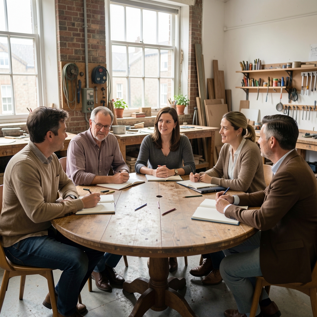 A group of five adults seated around a round wooden table in a daylit workshop room, engaged in discussion with open notebooks in front of them, London studio setting